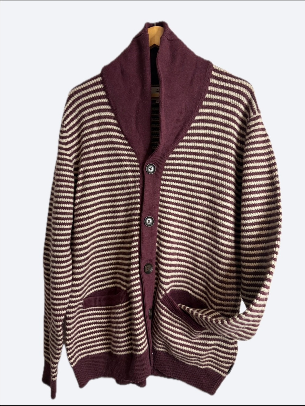Ben Sherman Striped Shawl Collar Cardigan - Burgundy & Cream